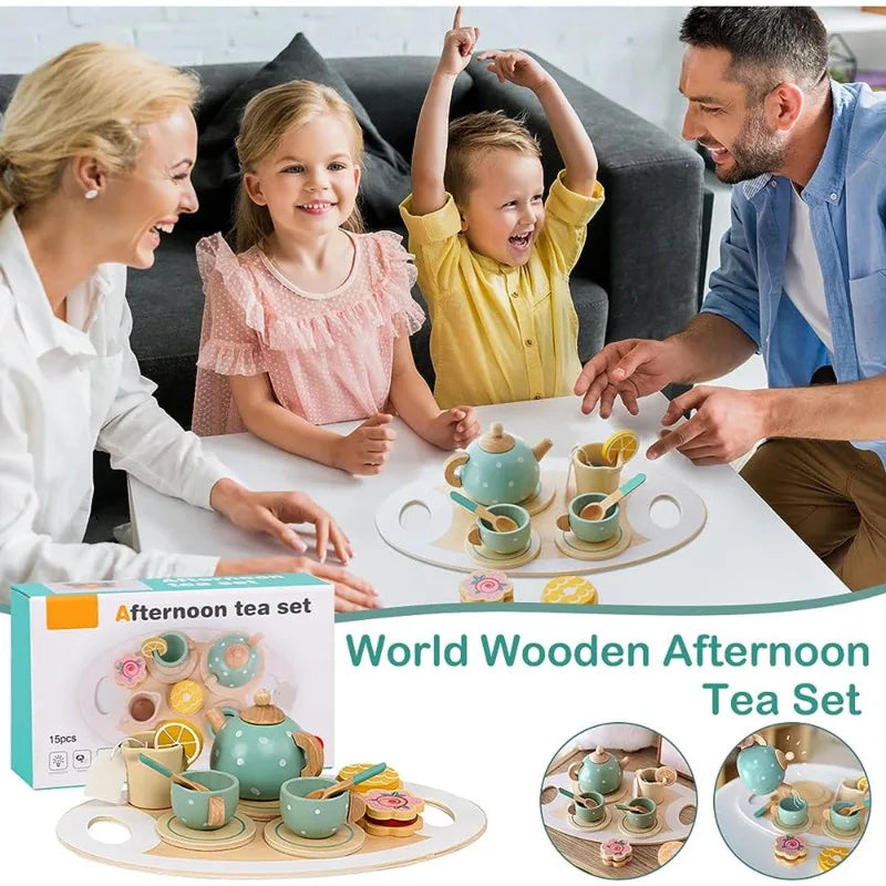 Wooden Afternoon Tea Set Toy Pretend Play Food Learning Role Play Game Early Educational Toys for Toddlers Girls Boys Kids Gifts ALPENZO