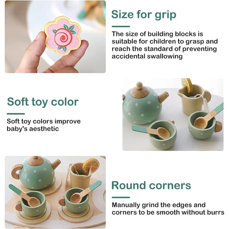 Wooden Afternoon Tea Set Toy Pretend Play Food Learning Role Play Game Early Educational Toys for Toddlers Girls Boys Kids Gifts ALPENZO