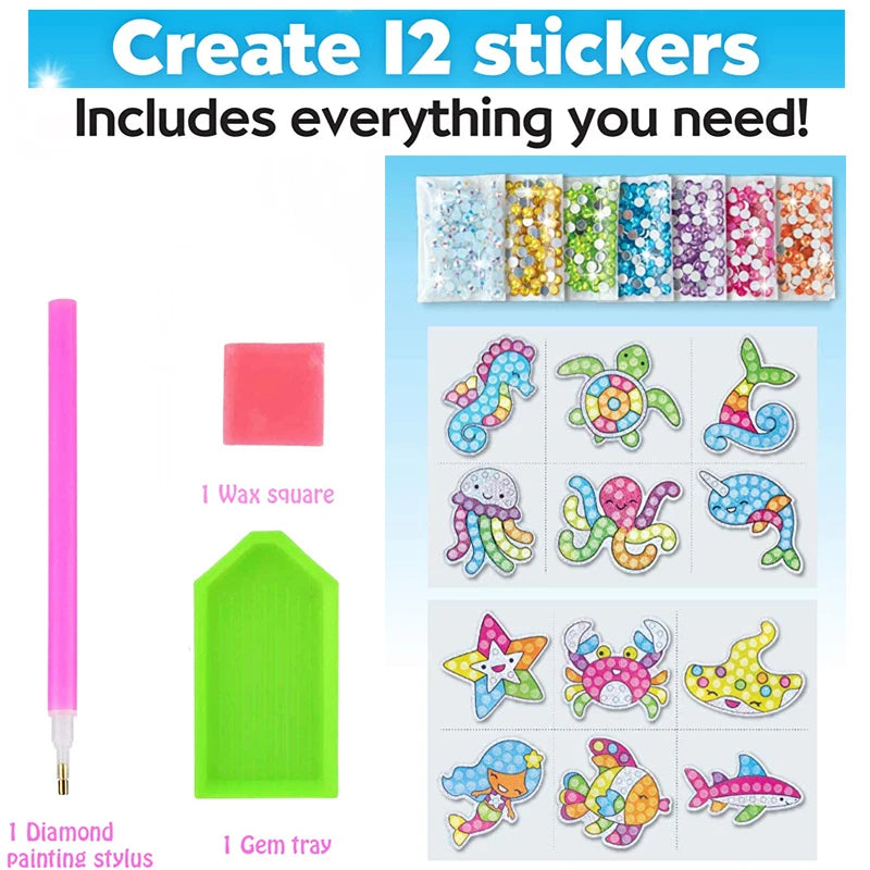 12 Create Big Gem Diamond Painting Sticker Kit Art Craft Girls Boys Unicorn Animal Sealife Magical Mosaic Dot Sticky Toys Gifts ALPENZO