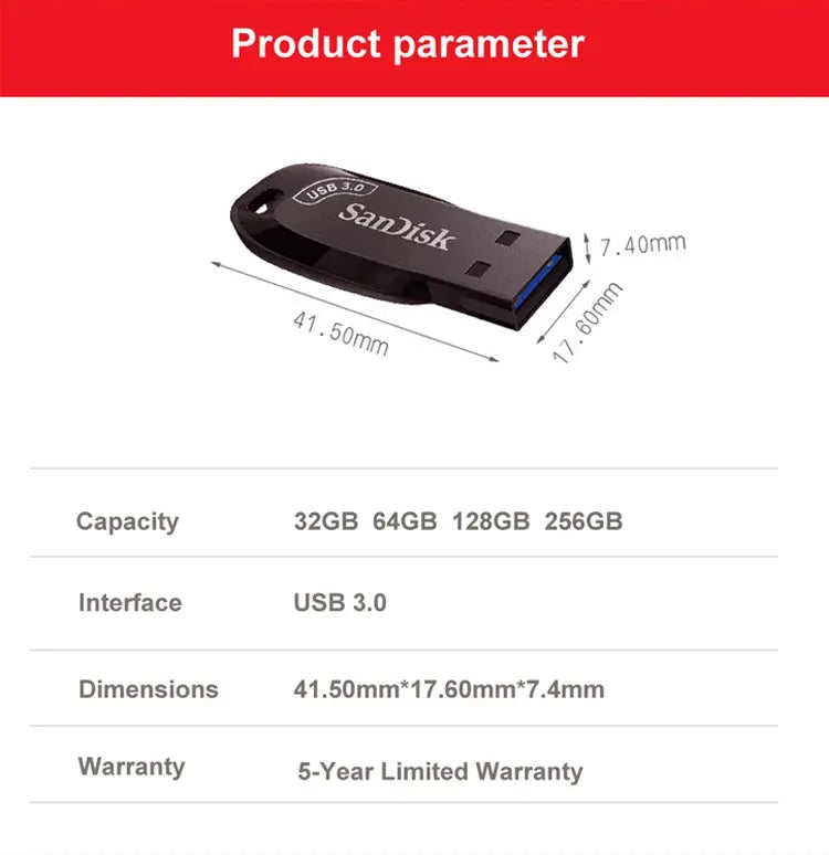 Original SanDisk USB 3.2 USB Flash Drive CZ410 32GB 64GB 128GB 256GB Pen Drive Memory Stick Black U Disk Mini Pendrive - ALPENZO