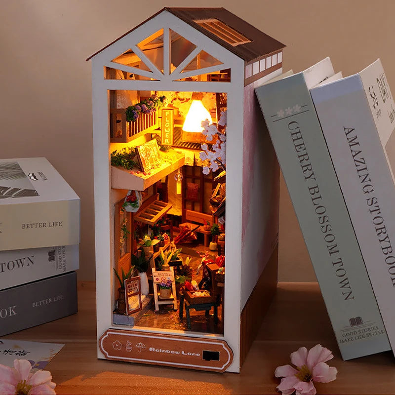 DIY Book Nook Kit Bookend Kit Wooden Doll House Bookshelf Insert Decor With Warm Light 3D Puzzle Assembly Building Model Gifts ALPENZO