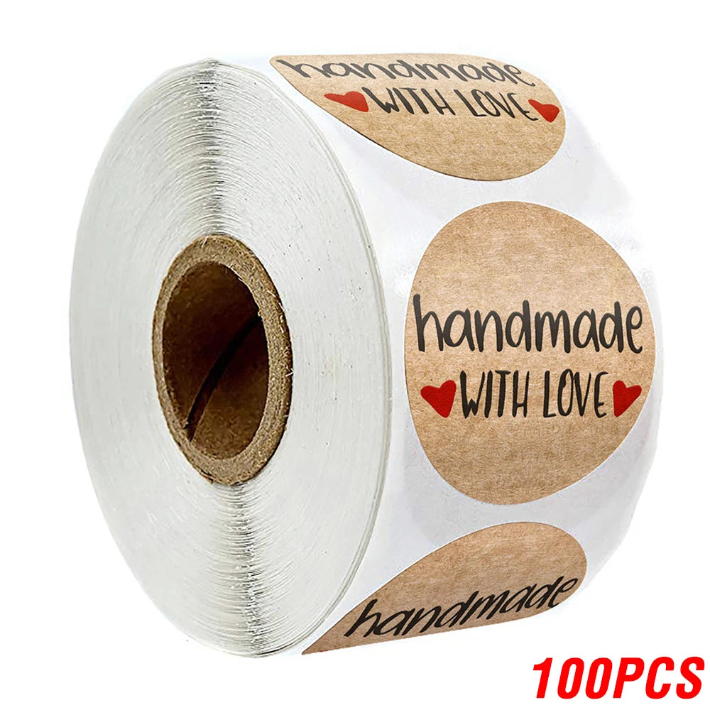 100-500pcs 1inch Vintage Kraft Paper Handmade With Love Stickers for Package Thank You Stationery Adhesive Labels Baking Seals ALPENZO