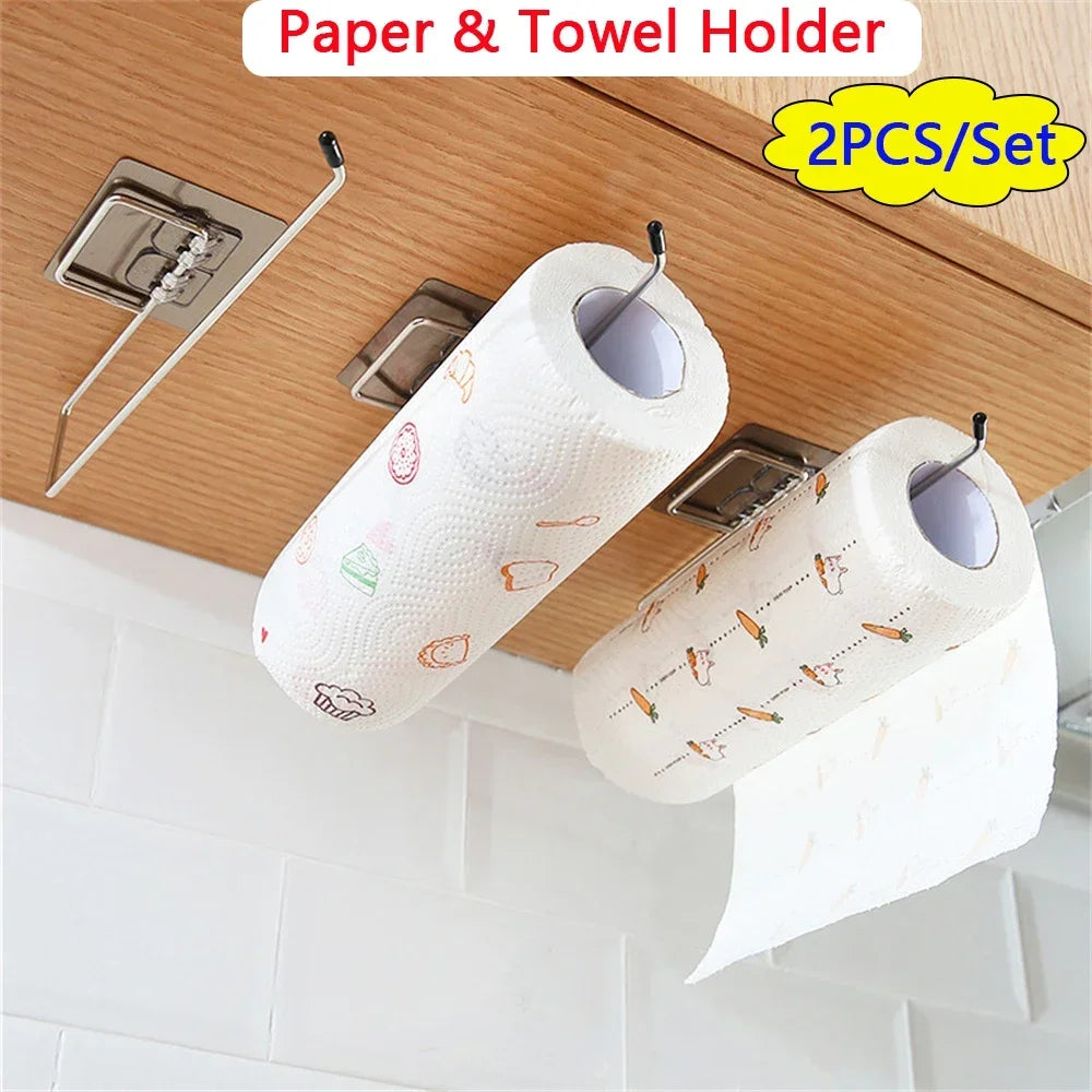 Kitchen paper towel stand glue toilet rack towel, hang tissue dispenser roll napkin cabinet storage accessories, 2 pieces - ALPENZO