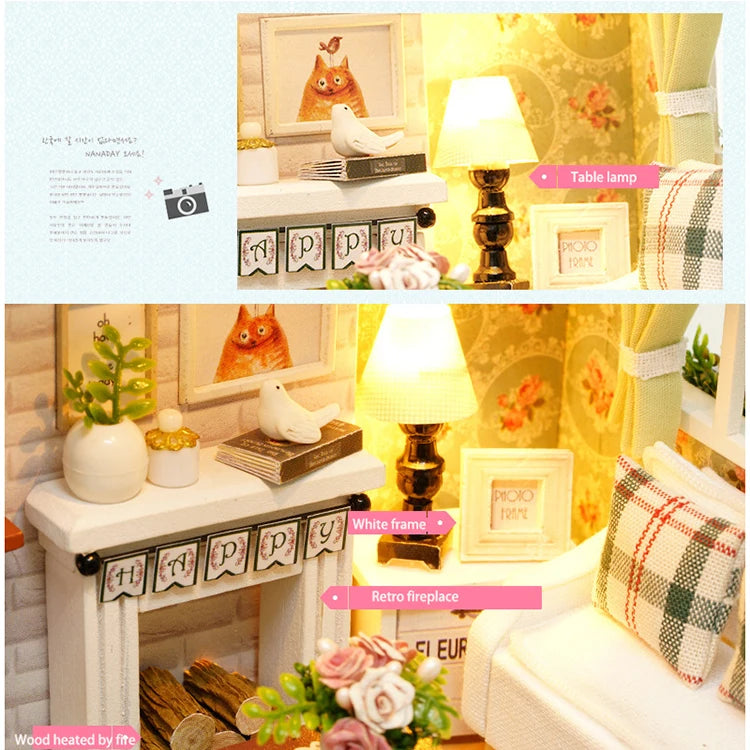 Kitten Mini Wooden Doll House Model Building Kits Toy Home Kit Creative Room Bedroom Decoration with Furniture For Birthday Gift ALPENZO