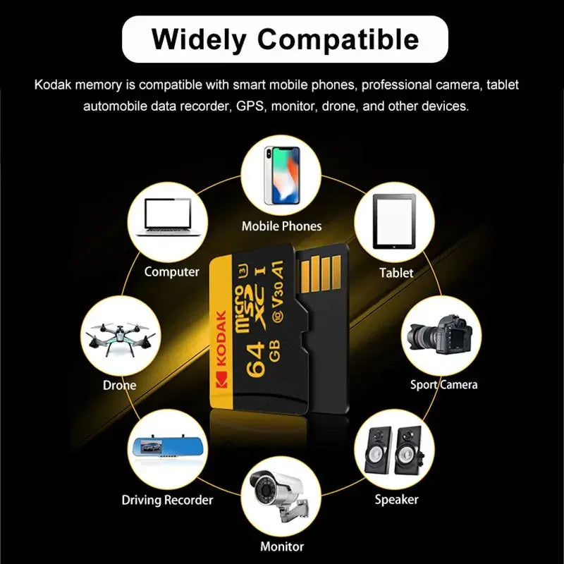 KODAK Micro SD 512GB 256GB Memory Card UP TO 100MB/s C10 U3 32GB 64GB 128GB TF Card 4K HD For USB Card Reader Adapter Microsd - ALPENZO