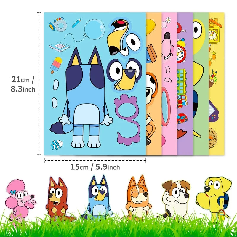 6/12/18Pcs Bluey Anime Cartoon Dog Puzzle Stickers Cute Children DIY Color Puzzle Education Stickers Kids Funny Toys Gift ALPENZO