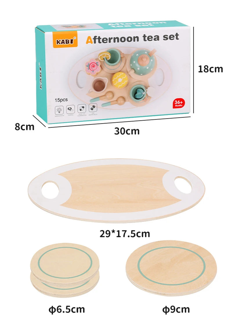 Wooden Afternoon Tea Set Toy Pretend Play Food Learning Role Play Game Early Educational Toys for Toddlers Girls Boys Kids Gifts ALPENZO