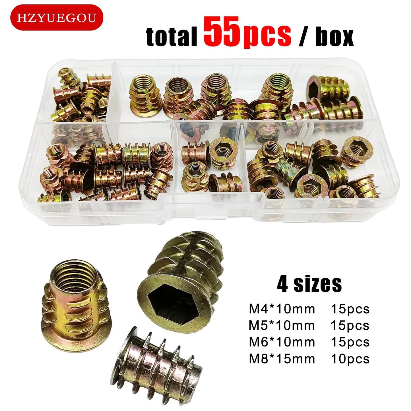 165/75/55pcs Threaded Insert Nut E-nut M4 M5 M6 M8 Set Kit For Wood Furniture Bed Cabinet Table Embedded Hex Hexagon Socket Head - ALPENZO