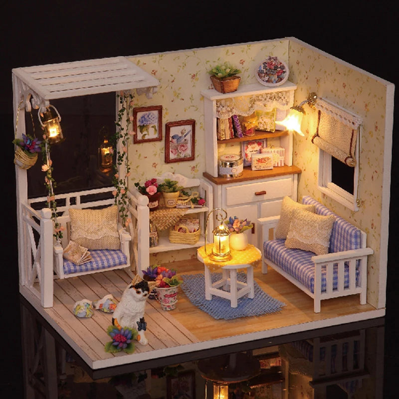 Kitten Mini Wooden Doll House Model Building Kits Toy Home Kit Creative Room Bedroom Decoration with Furniture For Birthday Gift ALPENZO