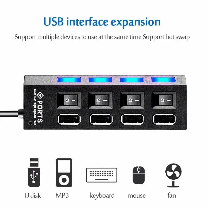 High Speed Usb Hub 2.0 Adapter Expander Multi Usb Splitter Multiple Extender Led Switch Lamp For Pc Laptop 4 Ports 7 Ports - ALPENZO