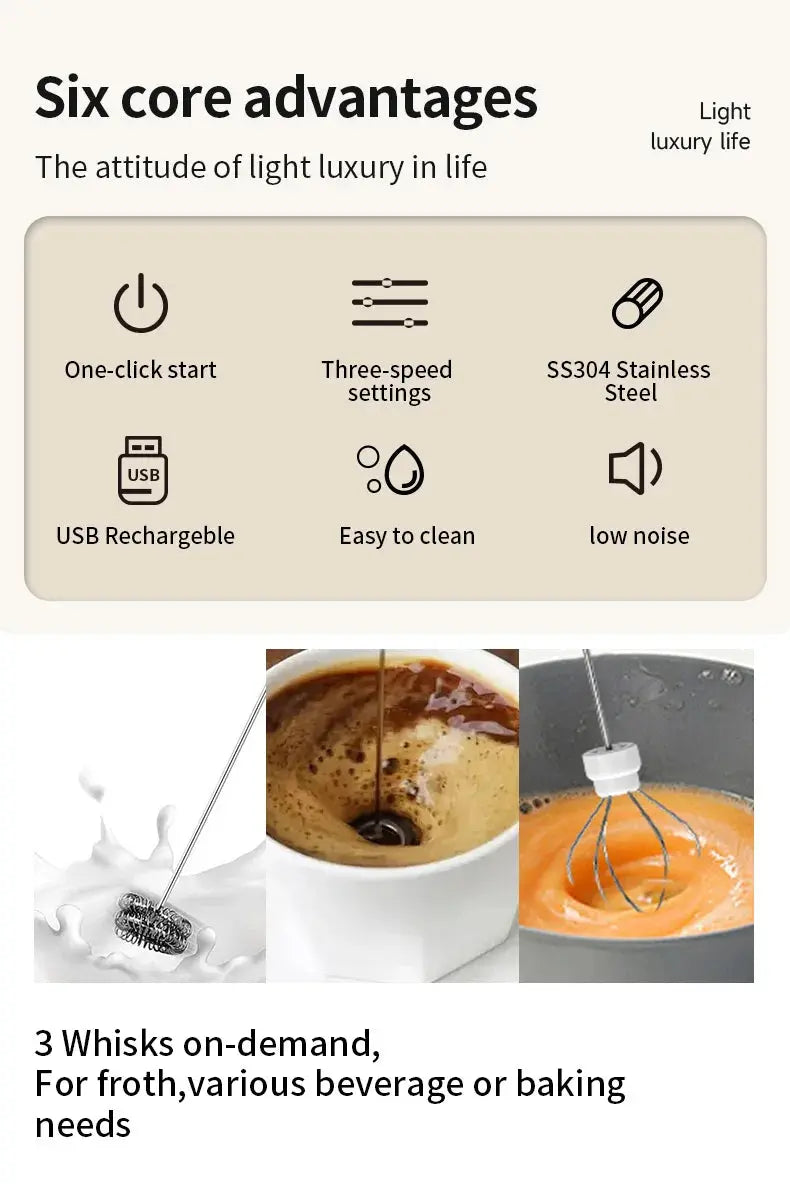Wireless Milk Frother Electric Type-C Handheld Blender Stainless Steel Mini Coffee Maker Whisk Mixer For Coffee Cappuccino Cream - ALPENZO