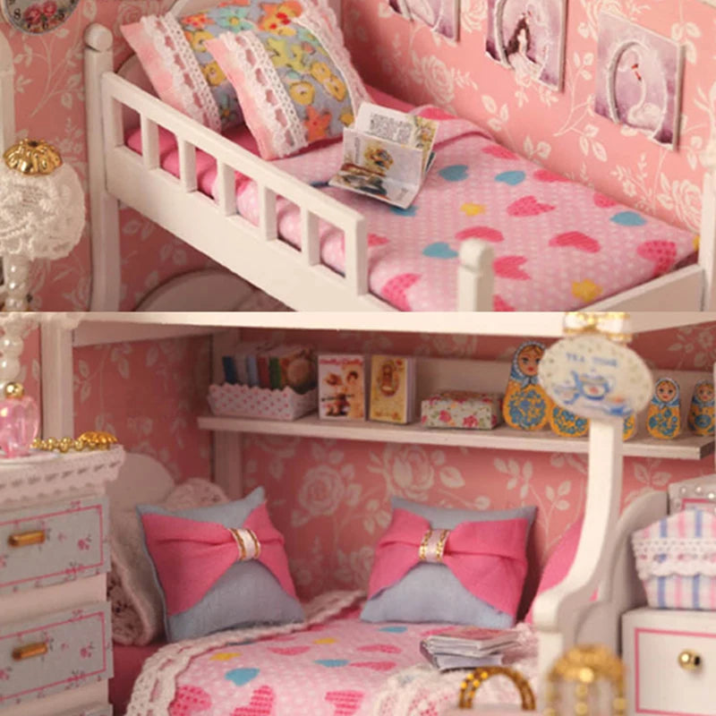 Kitten Mini Wooden Doll House Model Building Kits Toy Home Kit Creative Room Bedroom Decoration with Furniture For Birthday Gift ALPENZO