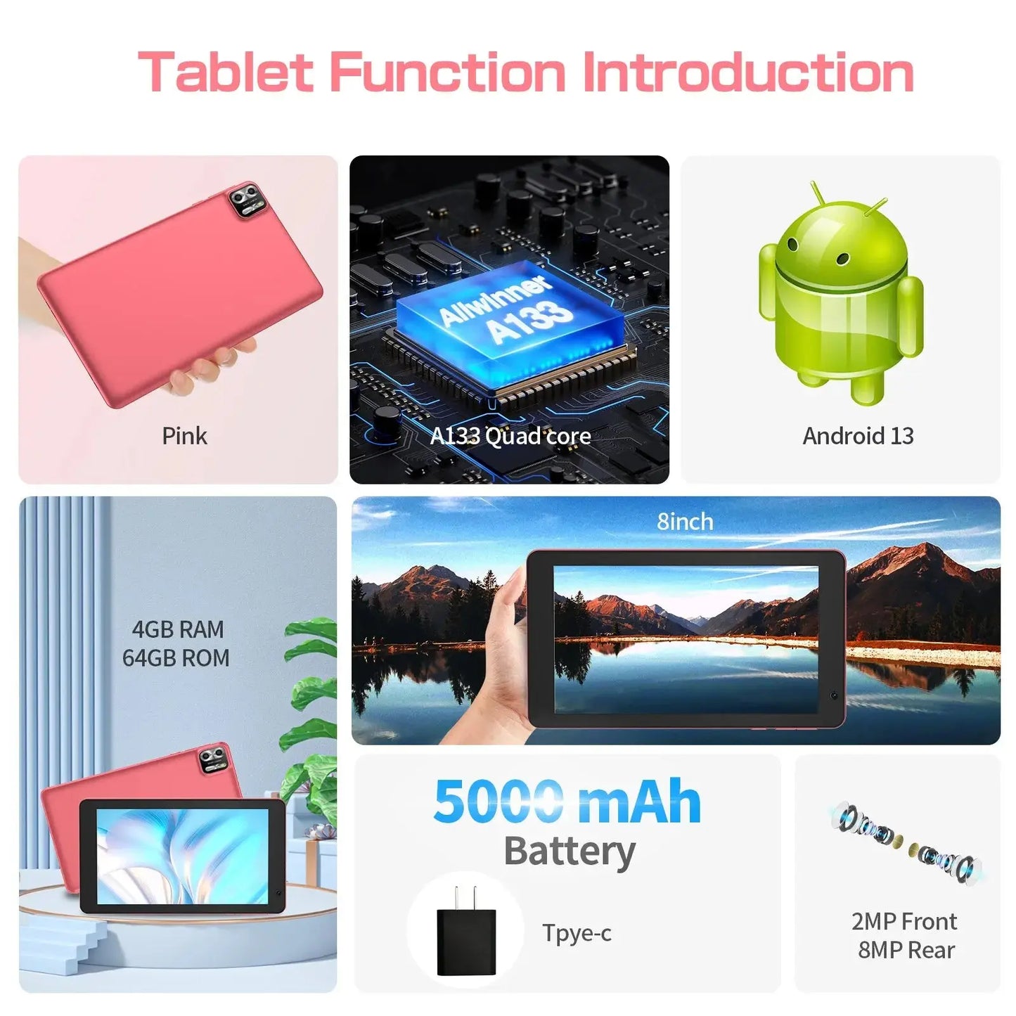 PRITOM 8 Inch Tablet Android 13, 8GB(4+4 Expand) RAM 64GB ROM,1TB Expand,1280x800 IPS Screen 5000MAH Battery,Dual Camera, WiFi - ALPENZO