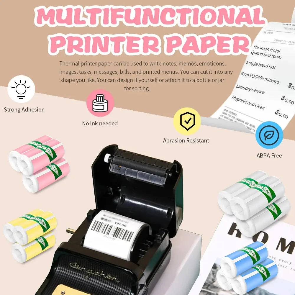 HD Mini Printer Thermal Paper 57*25MM Self-adhesive Roll Paper Label Sticker Photo Inkless Printing Portable Printer Color Paper - ALPENZO