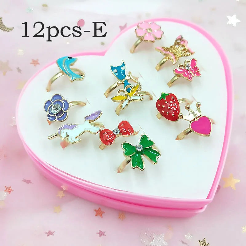 12/36 Pcs Adjustable Alloy Baby Girl Rings with Heart Shaped Box Cartoon Mix Finger Jewellery Rings Kid Girls Toys Random Color ALPENZO