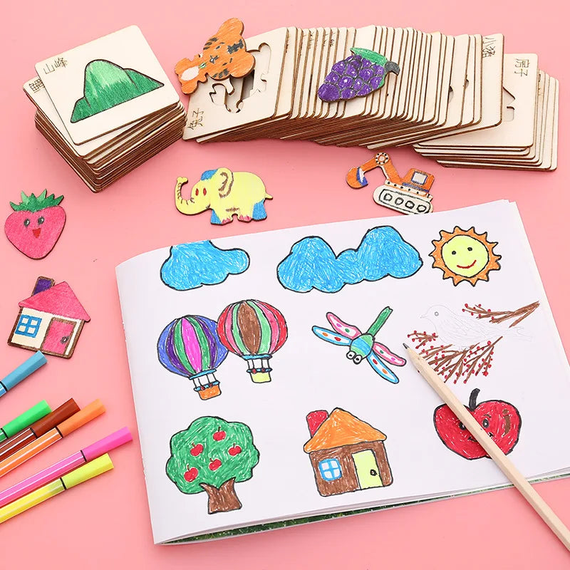 20pcs Montessori Kids Drawing Toys Wooden DIY Painting Stencils Set Craft Toy Coloring Puzzle Educational Toys For Children Gift ALPENZO