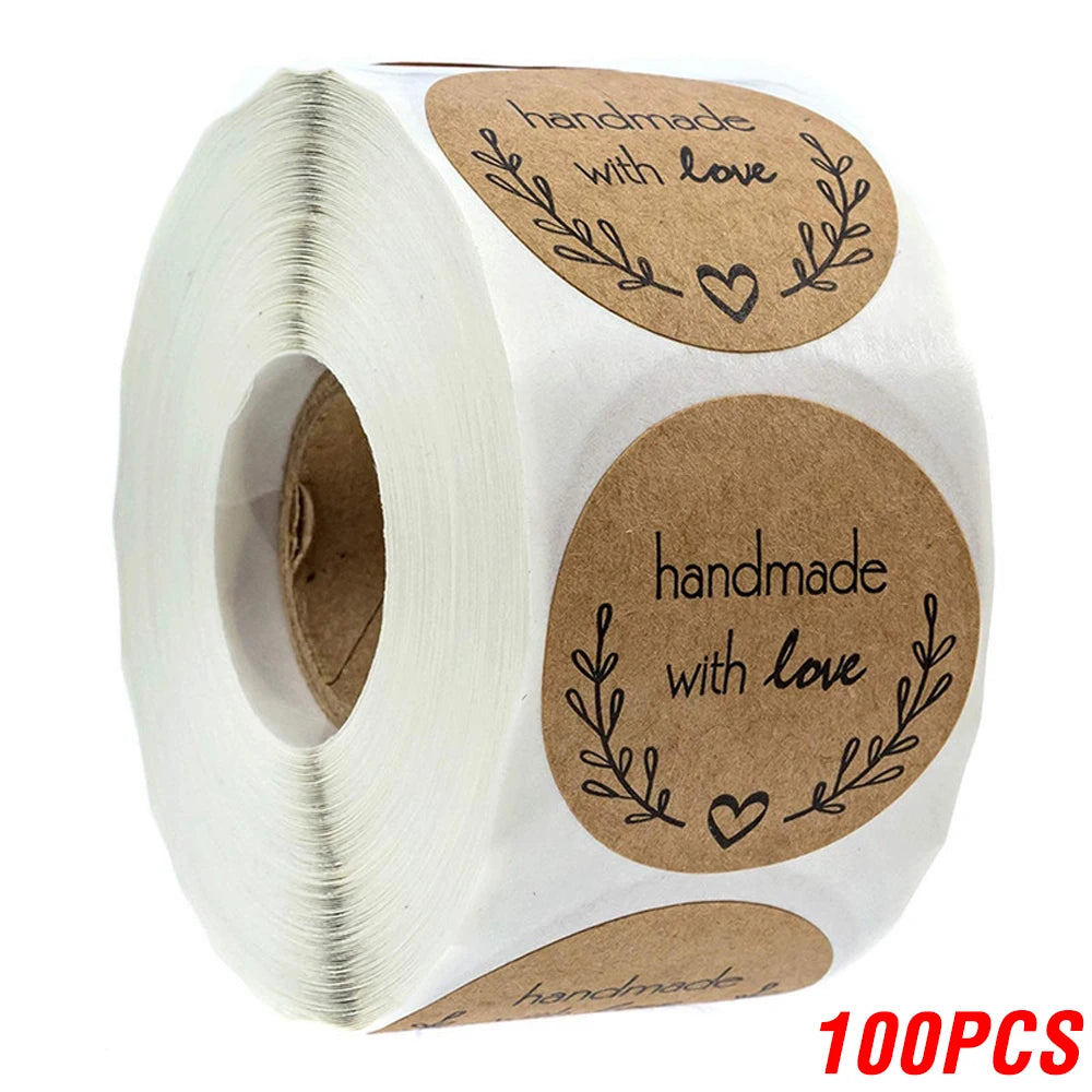100-500pcs 1inch Vintage Kraft Paper Handmade With Love Stickers for Package Thank You Stationery Adhesive Labels Baking Seals ALPENZO
