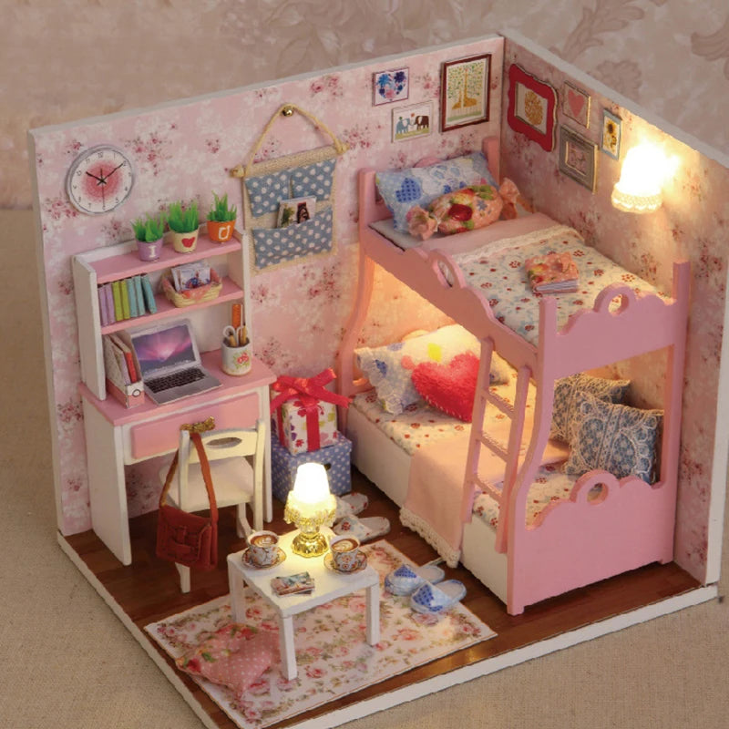 Kitten Mini Wooden Doll House Model Building Kits Toy Home Kit Creative Room Bedroom Decoration with Furniture For Birthday Gift ALPENZO
