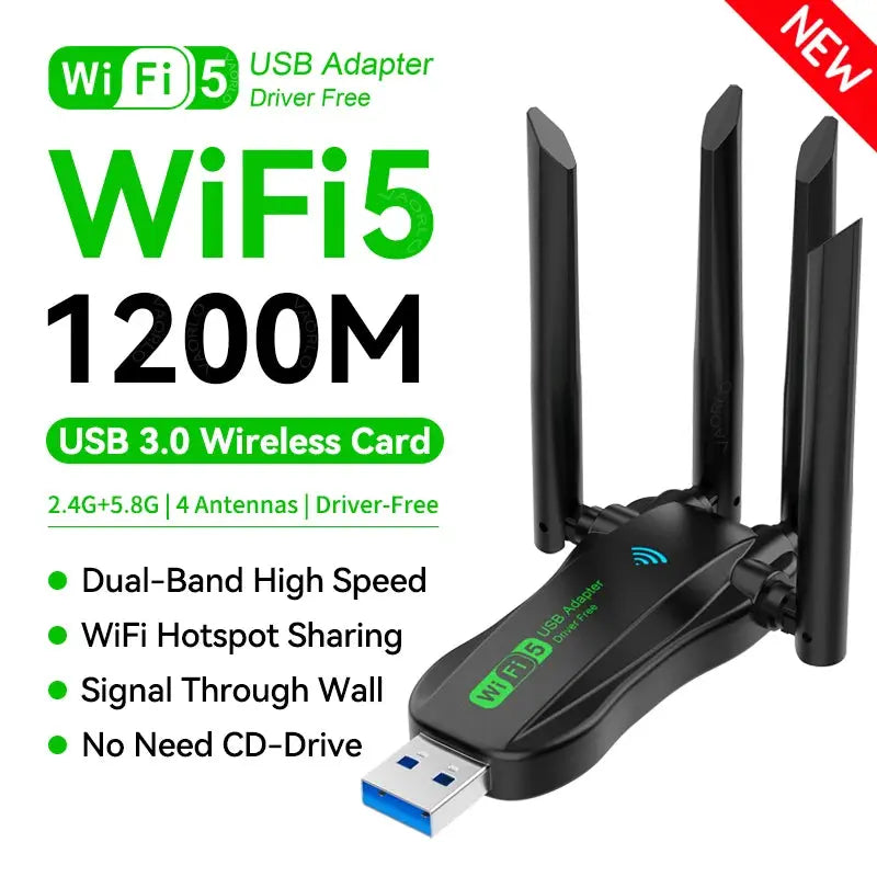 VAORLO 1200Mbps WiFi USB Adapter WiFi5 Dual Band 2.4G+5.8Ghz 4 Antenna Dongle USB3.0 High-Speed Wireless Card Receiver PC/Laptop - ALPENZO