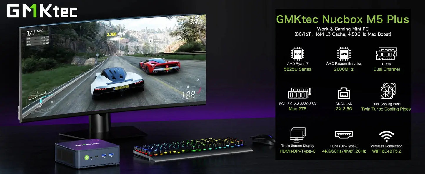 GMKtec M5 Plus Ryzen 7 5825U Mini PC Windows 11 Pro DDR4 Dual Channel NVMe M.2 SSD WIFI6E BT5.2 Desktop Office Gaming Computer - ALPENZO