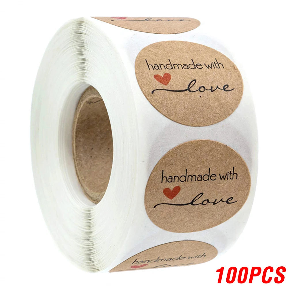 100-500pcs 1inch Vintage Kraft Paper Handmade With Love Stickers for Package Thank You Stationery Adhesive Labels Baking Seals ALPENZO