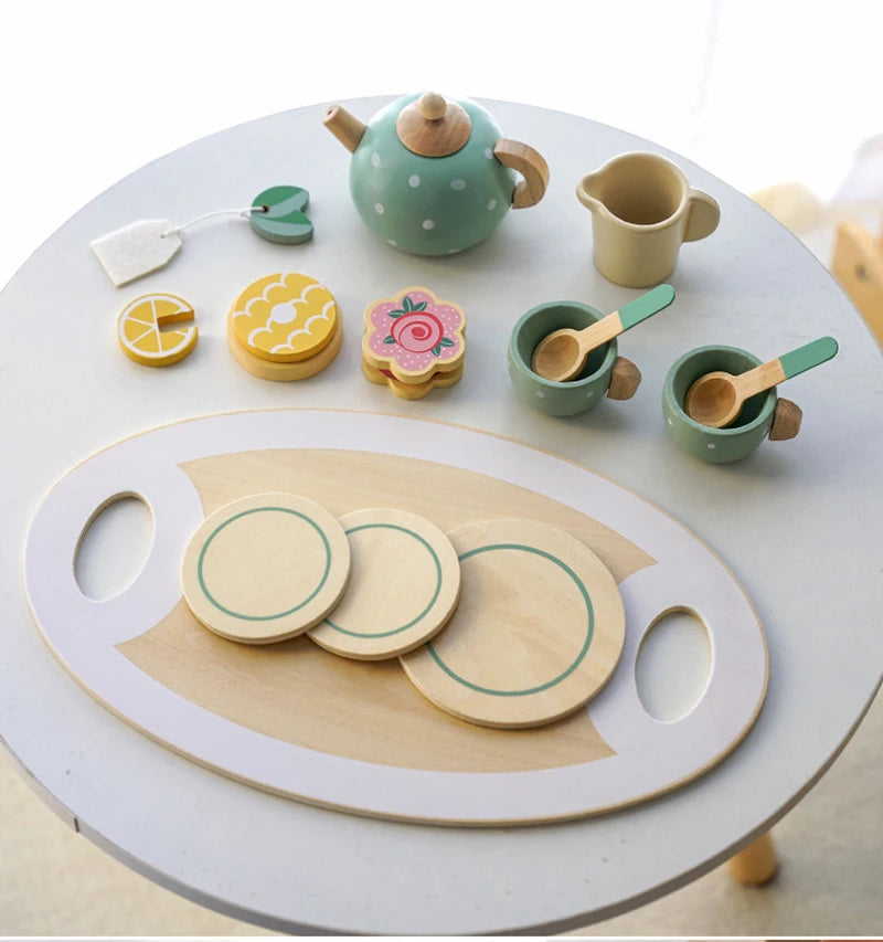 Wooden Afternoon Tea Set Toy Pretend Play Food Learning Role Play Game Early Educational Toys for Toddlers Girls Boys Kids Gifts ALPENZO