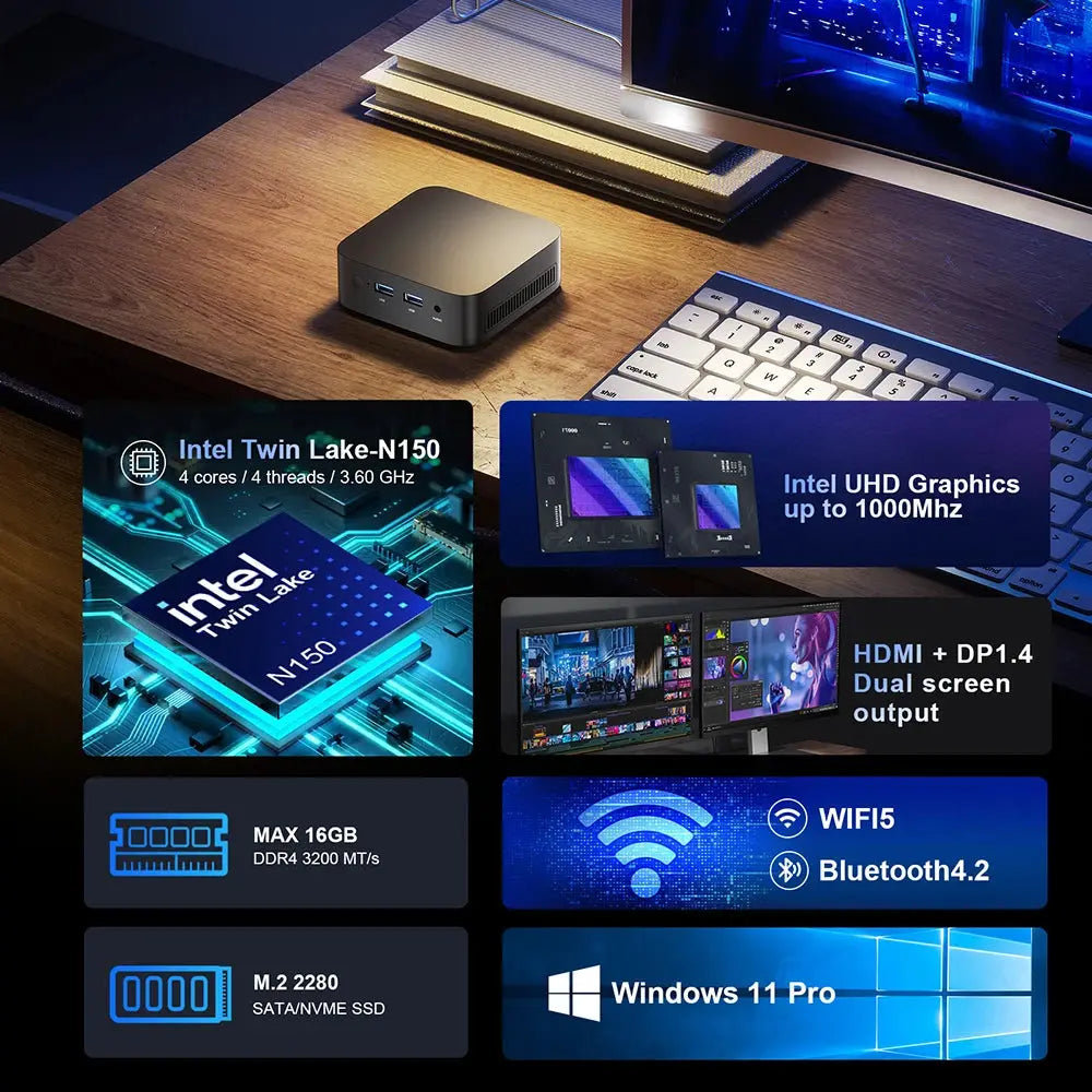 T10 Mini PC Intel Twin Lake N150 Windows 11 Ultra Small Pocket Computer 4K 60Hz Output Wifi5 BT4.2 - ALPENZO