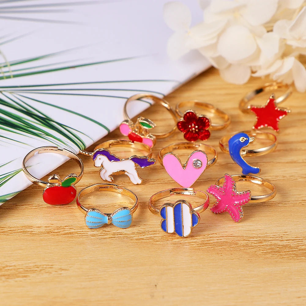 12/36 Pcs Adjustable Alloy Baby Girl Rings with Heart Shaped Box Cartoon Mix Finger Jewellery Rings Kid Girls Toys Random Color ALPENZO