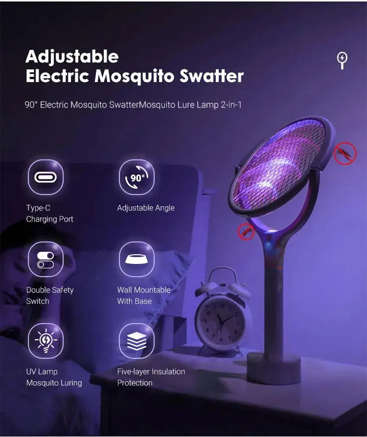 5 In 1 Fast Charging Racket Kill Fly Bug Safety Insulated Battery Powered Lamp ABS Adjustable Electric Mosquito Swatter - ALPENZO