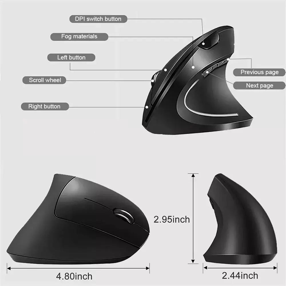 Vertical Mouse Ergonomic 2.4GHz Wireless Optical Mice 3 Adjustable DPI 800/1200/1600 6 Buttons for Laptop PC Computer Desktop - ALPENZO