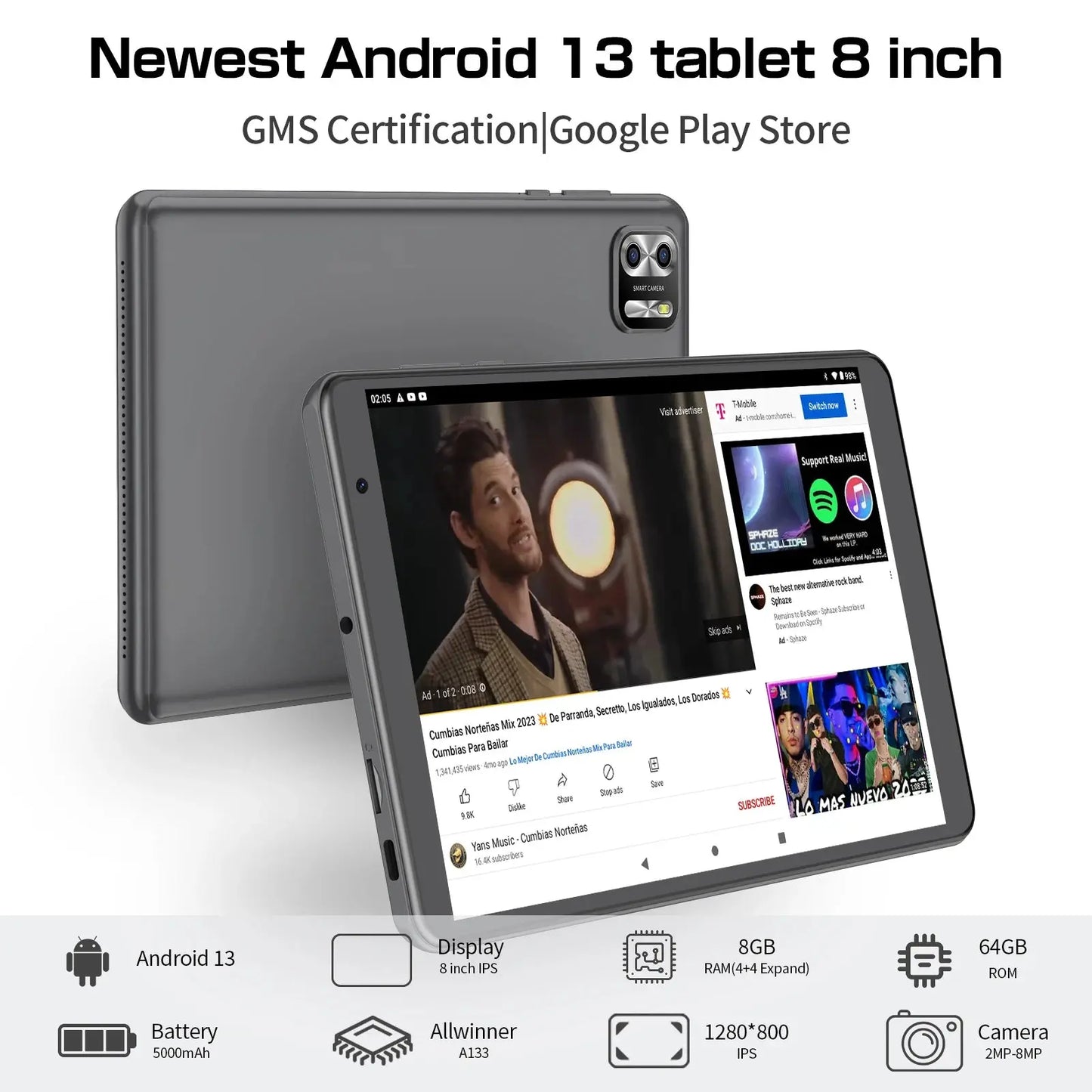 PRITOM 8 Inch Tablet Android 13, 8GB(4+4 Expand) RAM 64GB ROM,1TB Expand,1280x800 IPS Screen 5000MAH Battery,Dual Camera, WiFi - ALPENZO