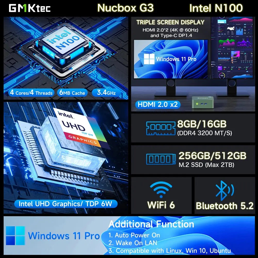 GMKtec G3 Mini PC Intel Alder Lake N100 Windows 11 Pro Mini PC 8/16GB DDR4 256/512GB PCIe M.2 SSD WiFi 6 BT5.2 Desktop Computer - ALPENZO