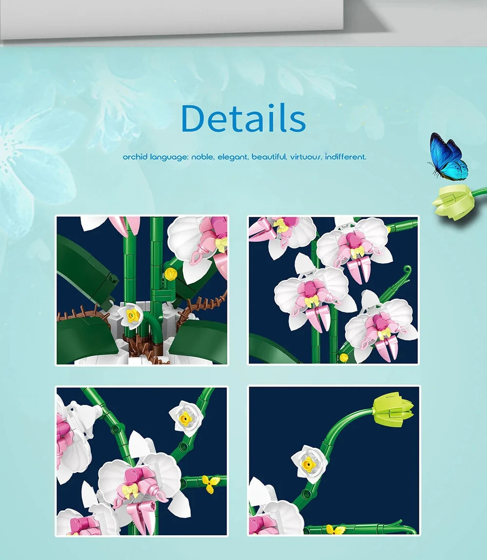 616PCS Orchid Building Blocks Flowers Bouquet Flower Blocks Bonsai Plant Model Bricks Romantic Home Decoration Toy For Kids Gift ALPENZO