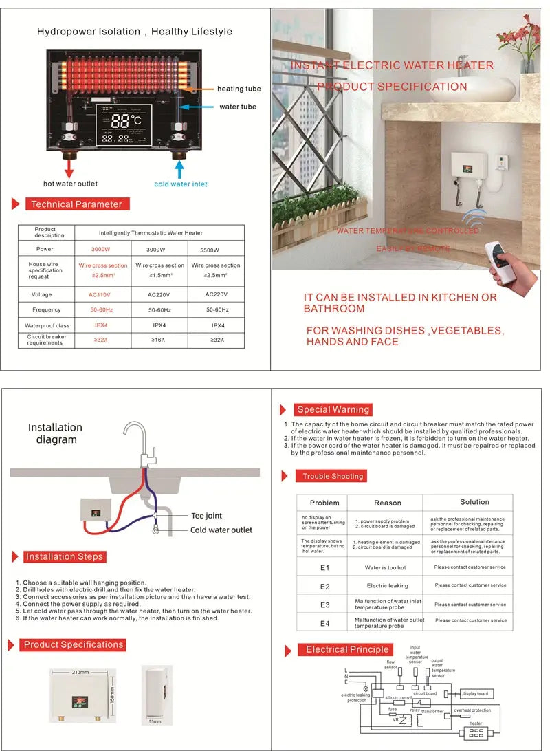 110V/220V Instant Water Heater 3000W/5500W Wall-Mounted Electric Heaters for Bathroom Hot Water Shower and Home Kitchen Heating - ALPENZO