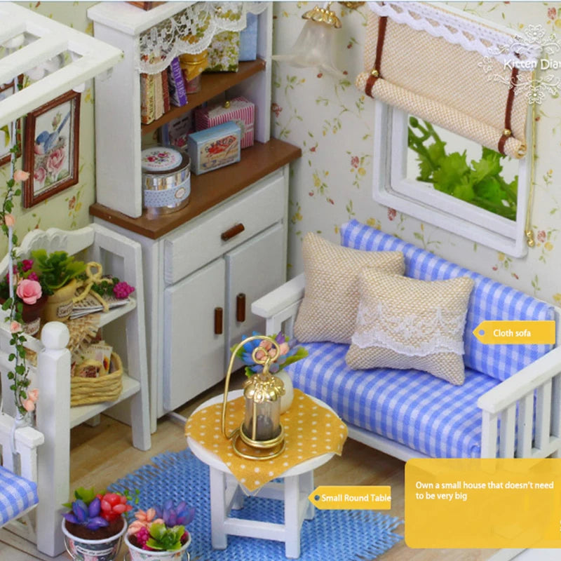 Kitten Mini Wooden Doll House Model Building Kits Toy Home Kit Creative Room Bedroom Decoration with Furniture For Birthday Gift ALPENZO