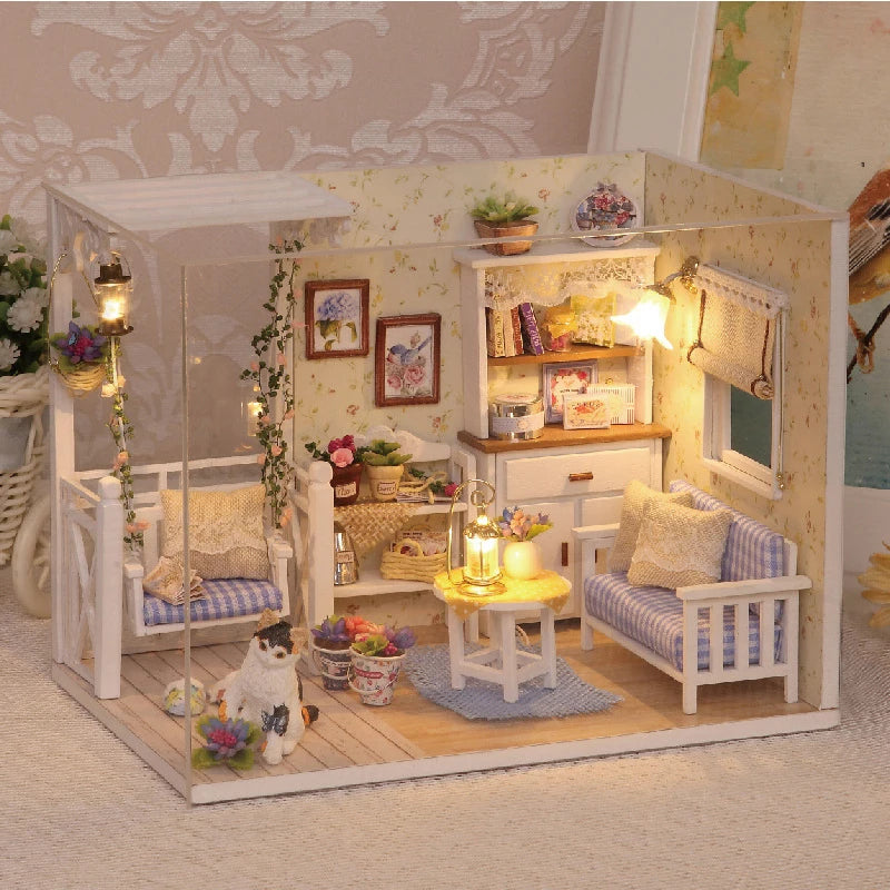 Kitten Mini Wooden Doll House Model Building Kits Toy Home Kit Creative Room Bedroom Decoration with Furniture For Birthday Gift ALPENZO
