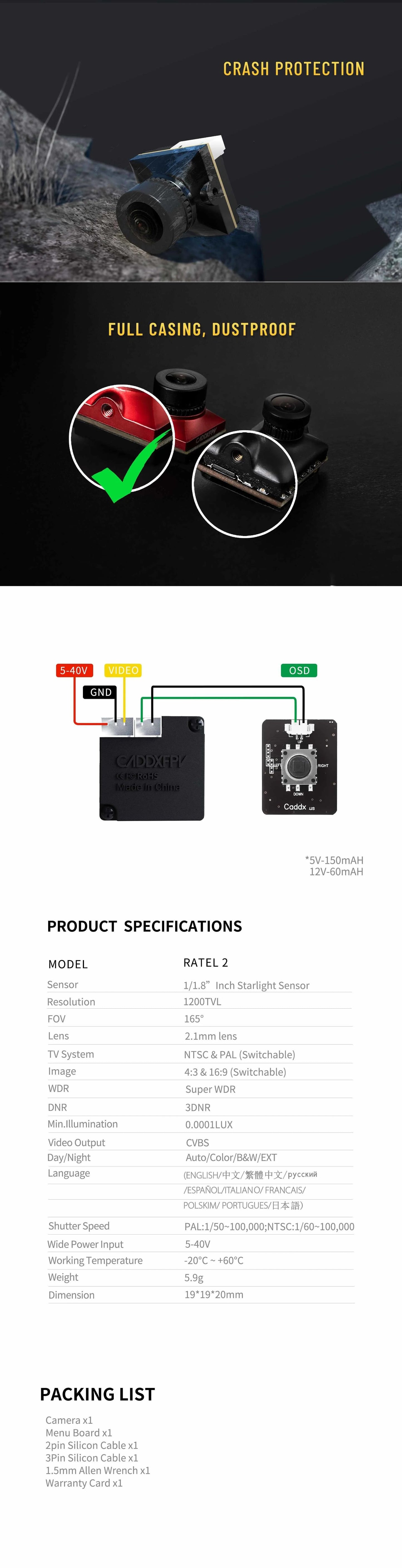 Caddx Ratel 2 V2 FPV Camera Ratel2 2.1mm Lens 16:9/4:3 NTSC/PAL Switchable With Replacement Lens Micro FPV Camera Drone ALPENZO