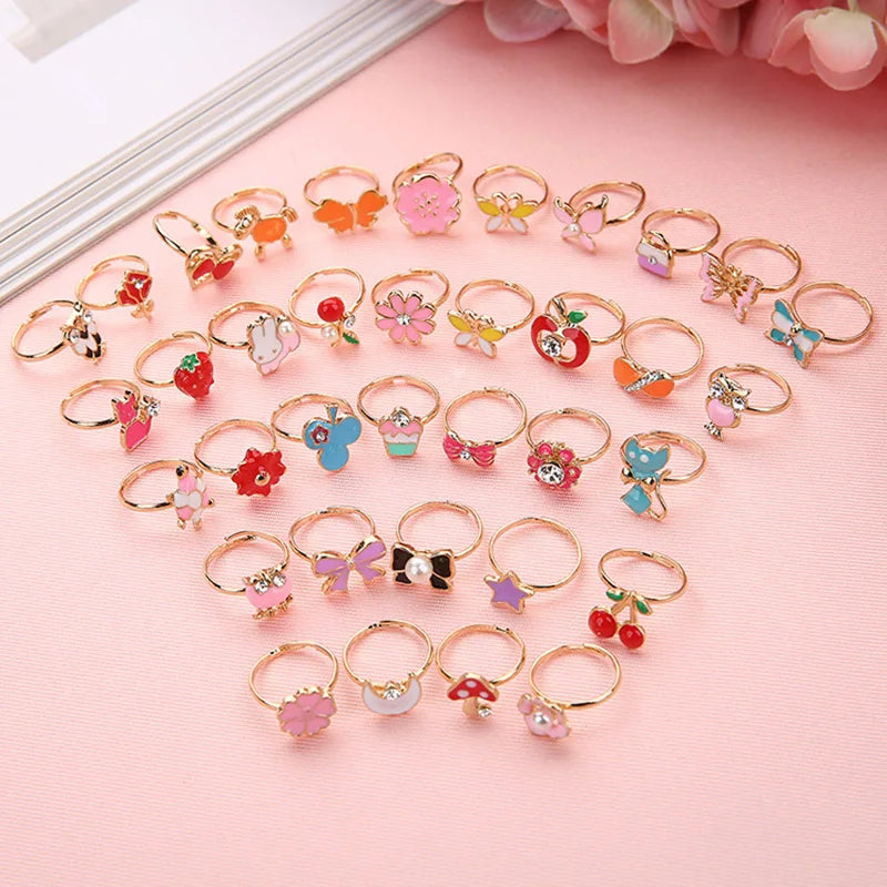 12/36 Pcs Adjustable Alloy Baby Girl Rings with Heart Shaped Box Cartoon Mix Finger Jewellery Rings Kid Girls Toys Random Color ALPENZO