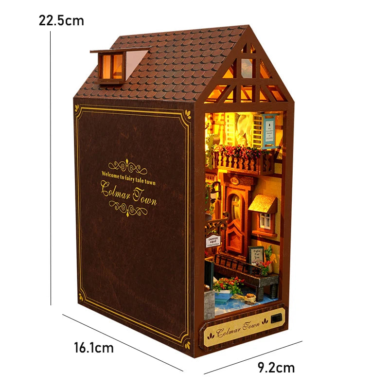 DIY Book Nook Kit Bookend Kit Wooden Doll House Bookshelf Insert Decor With Warm Light 3D Puzzle Assembly Building Model Gifts ALPENZO