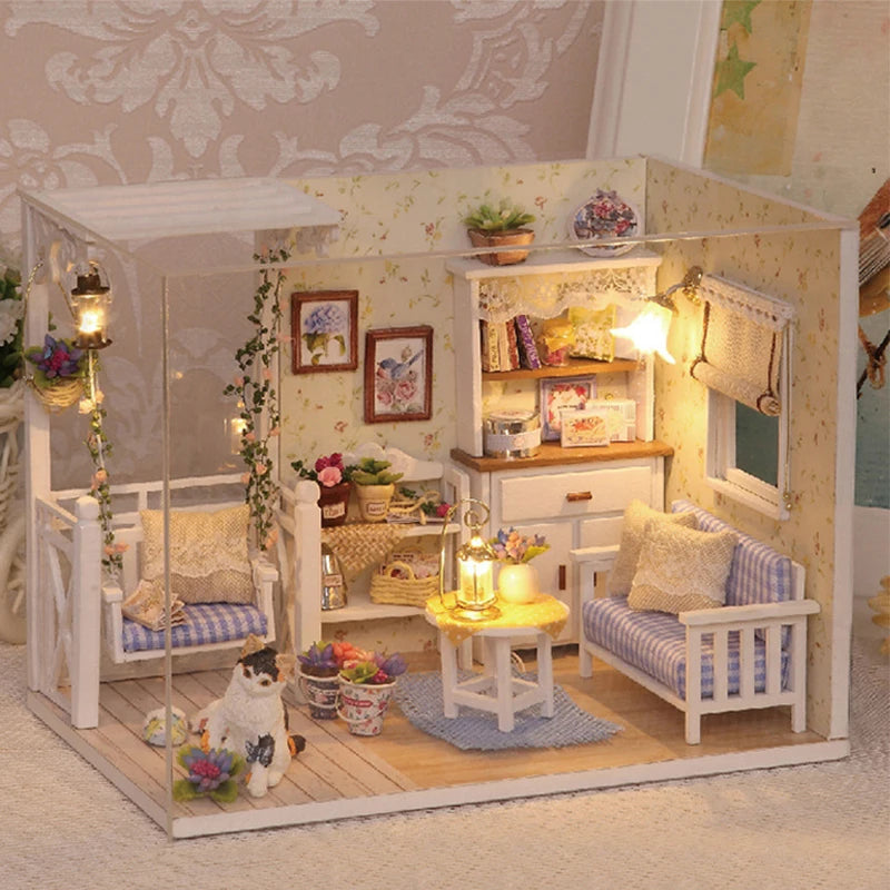 Kitten Mini Wooden Doll House Model Building Kits Toy Home Kit Creative Room Bedroom Decoration with Furniture For Birthday Gift ALPENZO