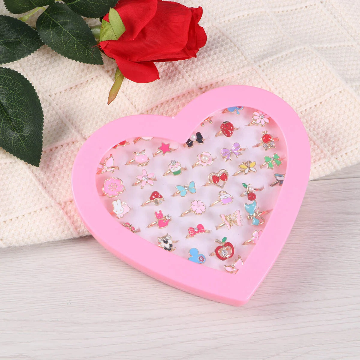 12/36 Pcs Adjustable Alloy Baby Girl Rings with Heart Shaped Box Cartoon Mix Finger Jewellery Rings Kid Girls Toys Random Color ALPENZO