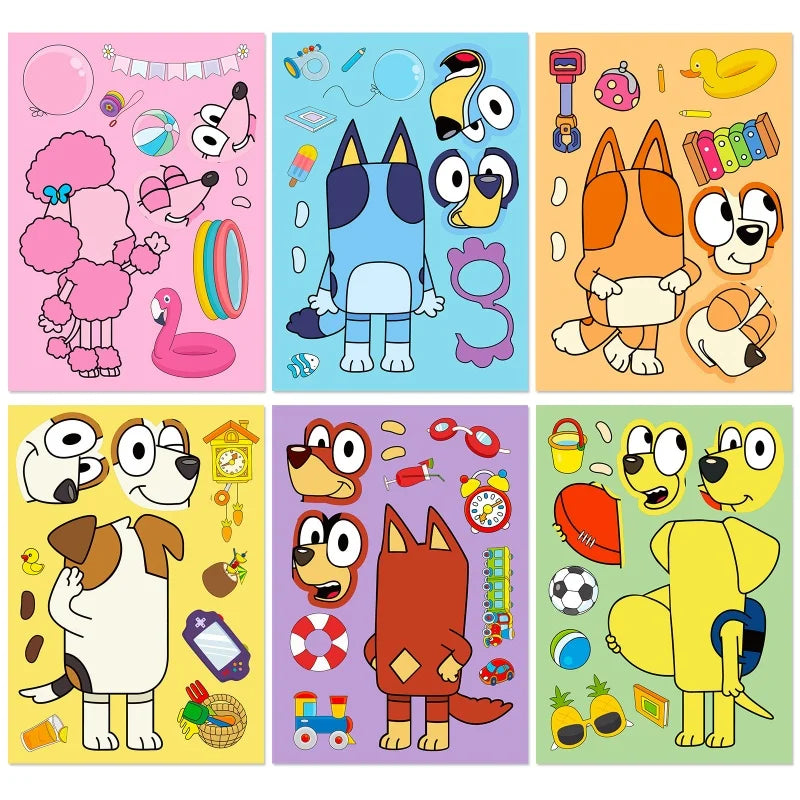 6/12/18Pcs Bluey Anime Cartoon Dog Puzzle Stickers Cute Children DIY Color Puzzle Education Stickers Kids Funny Toys Gift ALPENZO