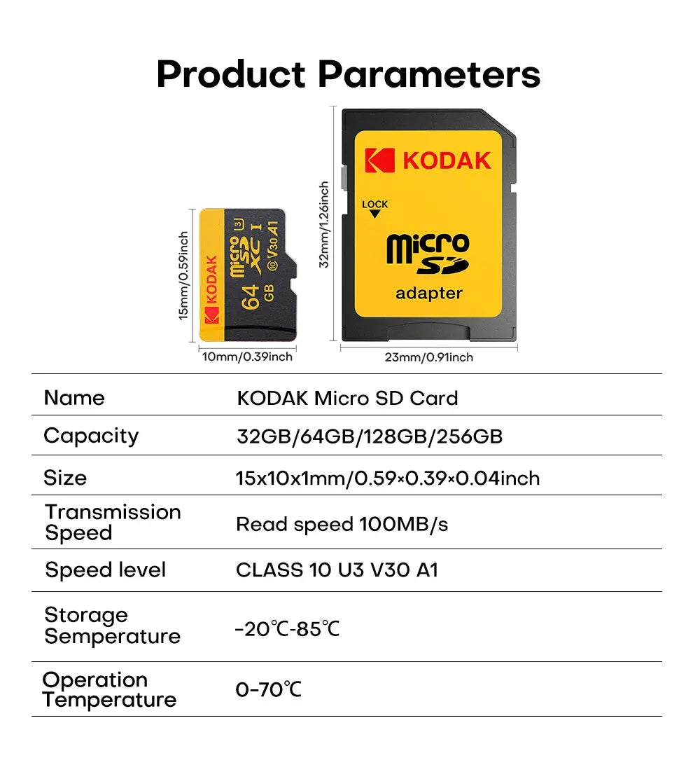 Kodak Micro SD Card Memory Card Class 10 32GB 64GB 128GB 256GB U3 4K High Speed Cartao De Memoria Flash Memory TF Mecard C10 - ALPENZO