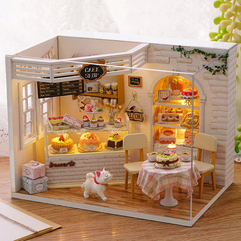 Kitten Mini Wooden Doll House Model Building Kits Toy Home Kit Creative Room Bedroom Decoration with Furniture For Birthday Gift ALPENZO