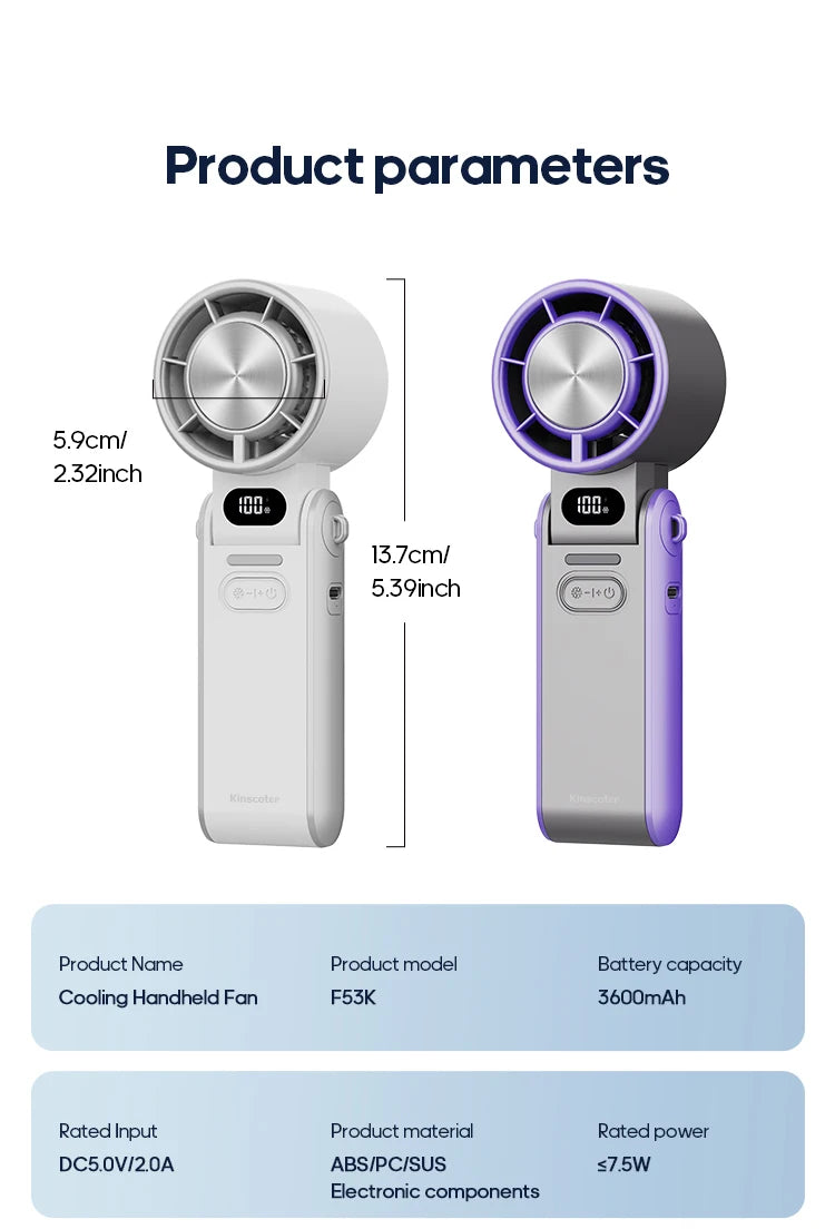 KINSCOTER Outdoor Foldable Portable Handheld Fan Mini Cooling Rechargeable 3600mAh 100-level Free Control High Speed Turbo Fan ALPENZO