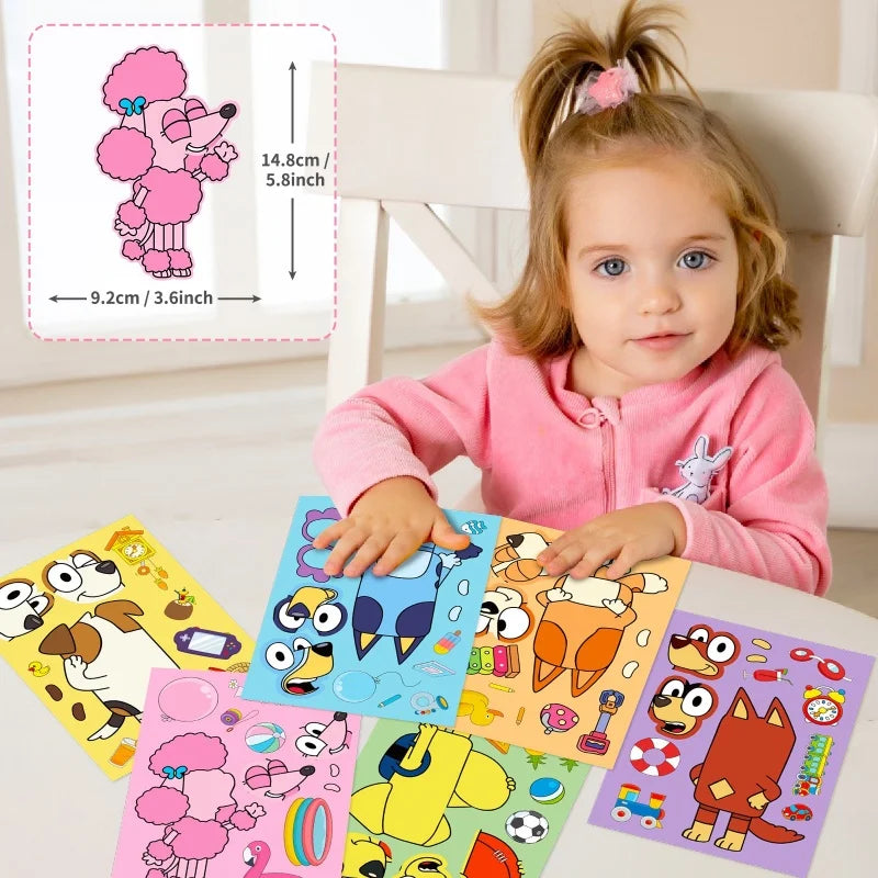 6/12/18Pcs Bluey Anime Cartoon Dog Puzzle Stickers Cute Children DIY Color Puzzle Education Stickers Kids Funny Toys Gift ALPENZO