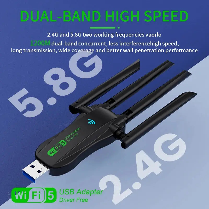 VAORLO 1200Mbps WiFi USB Adapter WiFi5 Dual Band 2.4G+5.8Ghz 4 Antenna Dongle USB3.0 High-Speed Wireless Card Receiver PC/Laptop - ALPENZO