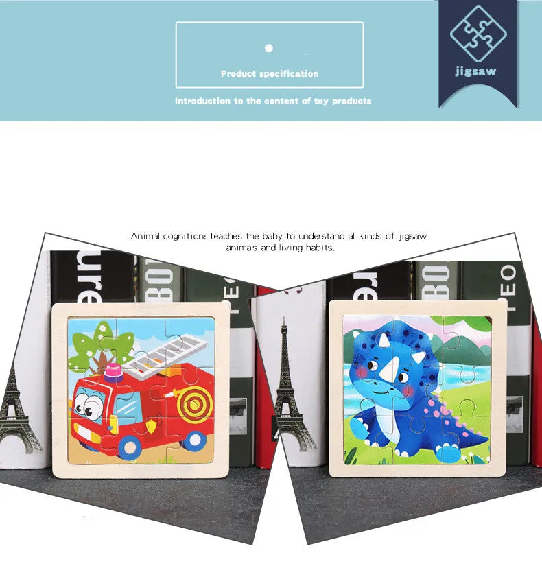 Hot Sale 11X11CM Kids Wooden Puzzle Baby Cartoon Animal Traffic Tangram Wood Puzzle Educational Jigsaw Toys For Children Gifts ALPENZO