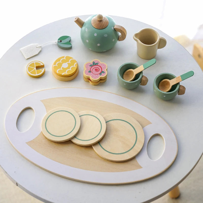 Wooden Afternoon Tea Set Toy Pretend Play Food Learning Role Play Game Early Educational Toys for Toddlers Girls Boys Kids Gifts ALPENZO