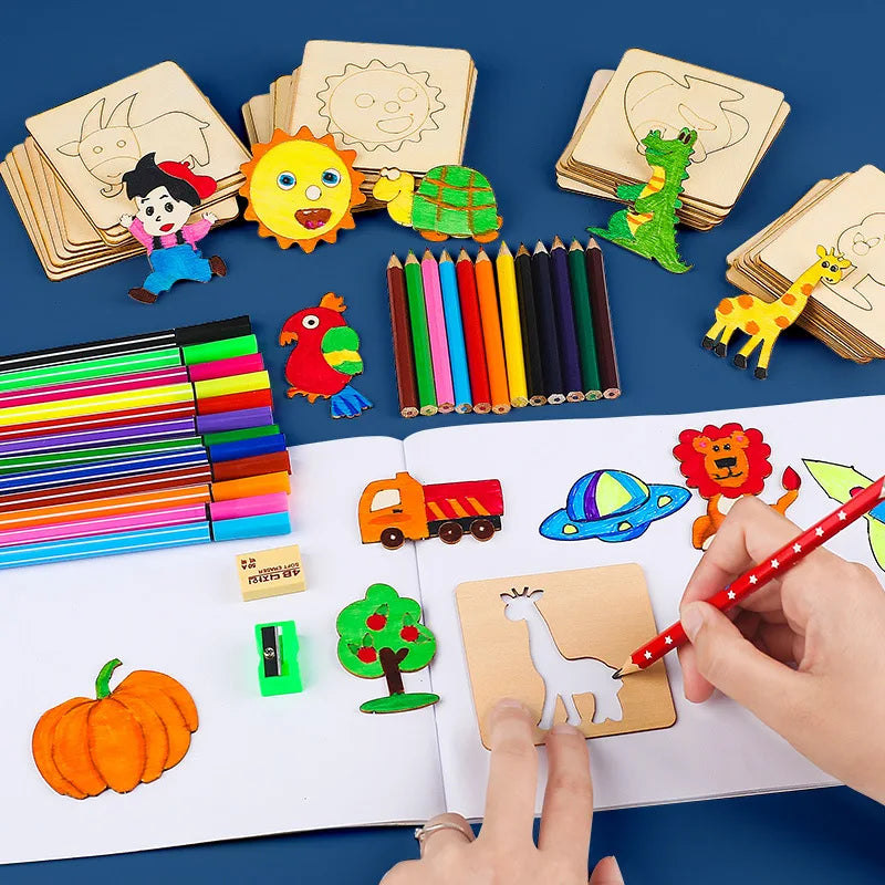 20pcs Montessori Kids Drawing Toys Wooden DIY Painting Stencils Set Craft Toy Coloring Puzzle Educational Toys For Children Gift ALPENZO